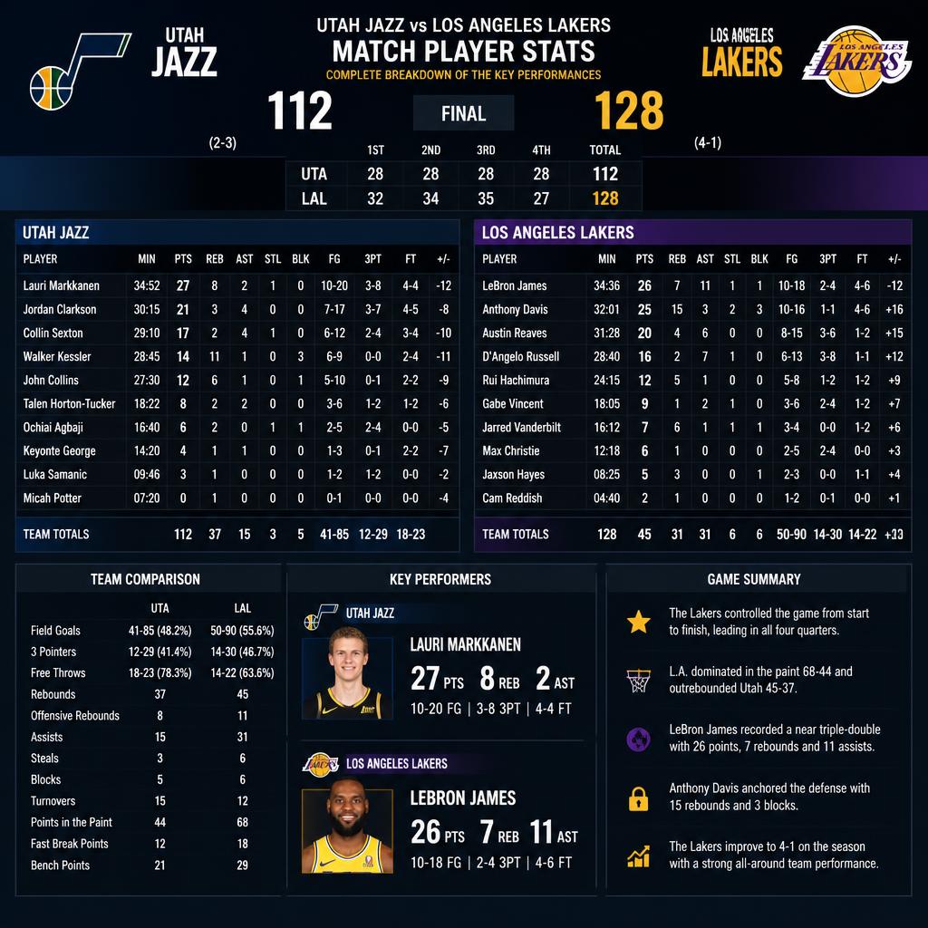 Utah Jazz vs Lakers Match Player Stats